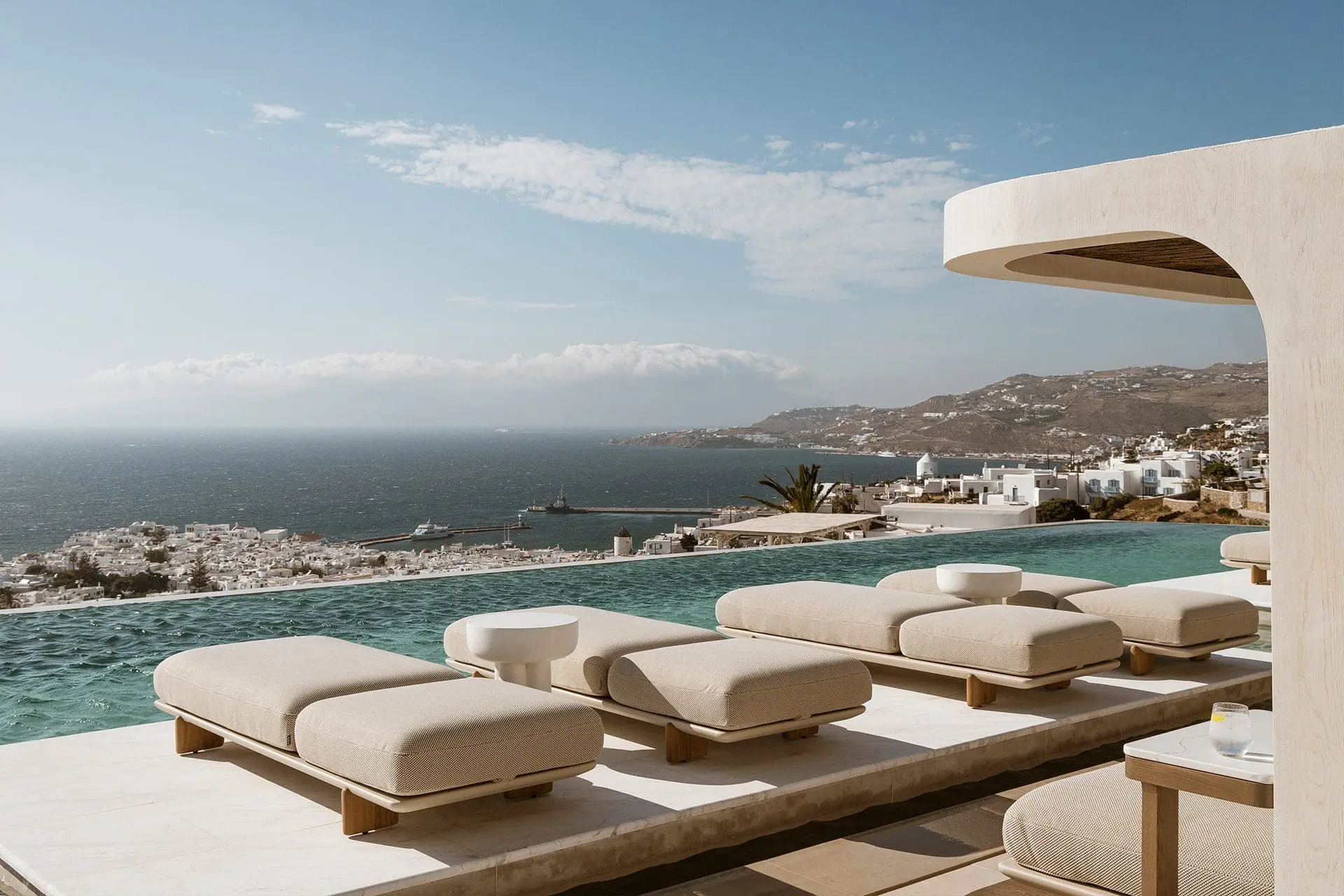 Vondom's Milos sun loungers and daybeds at Lovia Mykonos hotel.