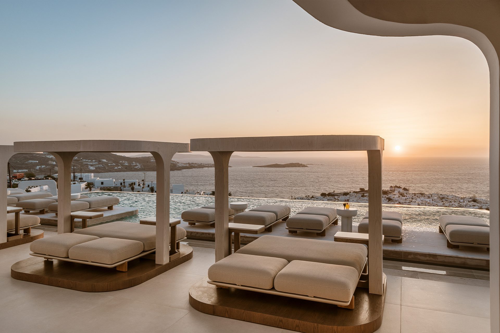 Vondom's Milos sun loungers and daybeds at Lovia Mykonos hotel.