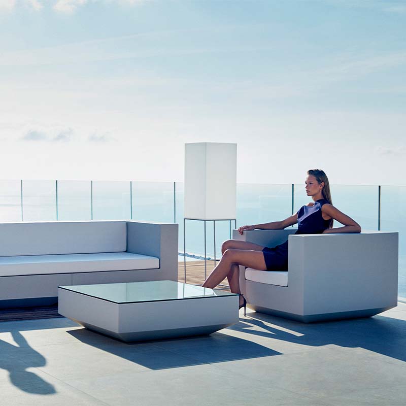 Vela outdoor furniture sofa, armchair, table and lamp designed by Ramon Esteve Vondom